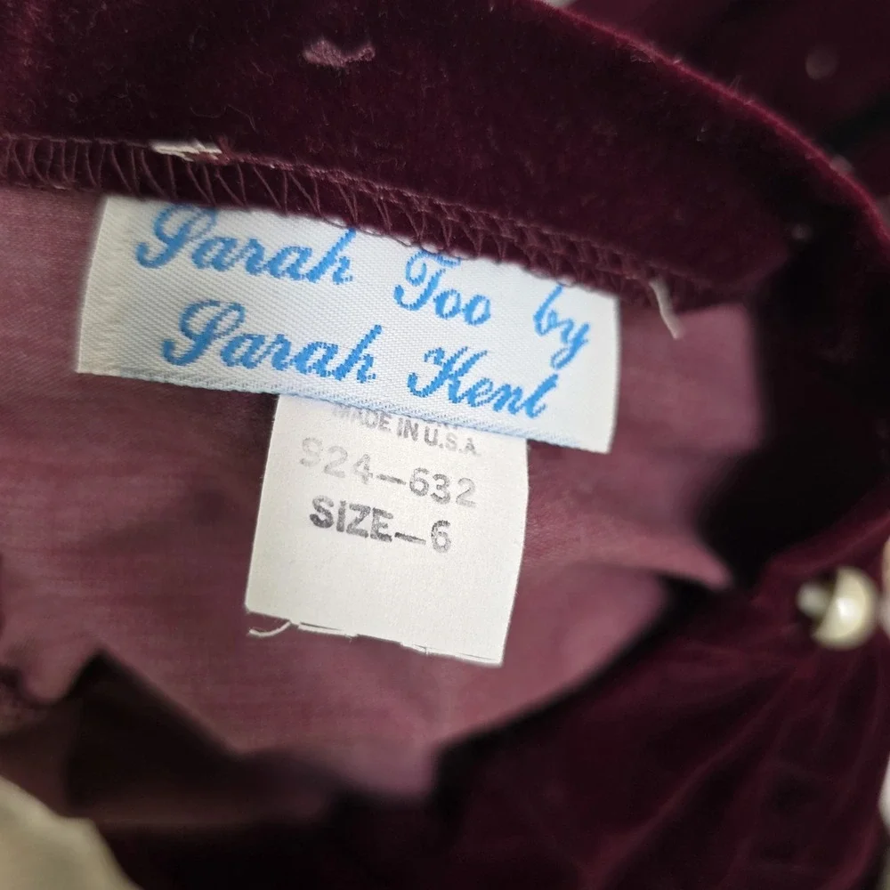 Vintage Sarah Kent Victorian Maroon Ivory Velvet Dress Lace‎ Girls Size 6 Bow